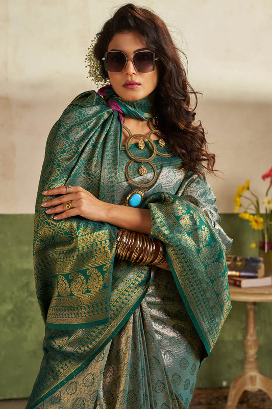 Embellished Green Kanjivaram Silk Saree With Super classy Blouse Piece