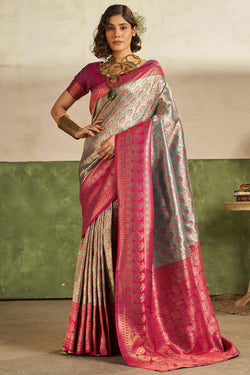 Profuse Rama Kanjivaram Silk Saree With Stylish Blouse Piece
