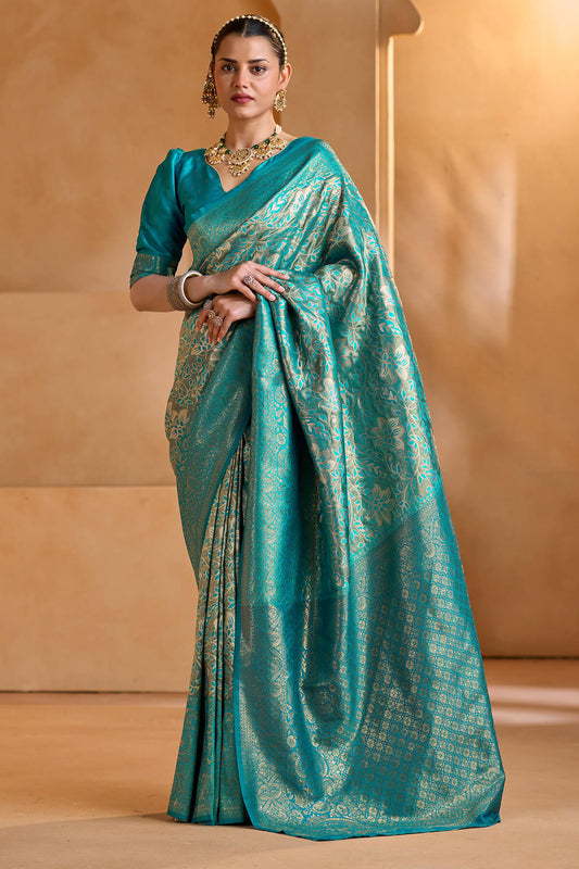 Allure Firozi Kanjivaram Silk Saree With Devastating Blouse Piece