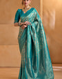 Allure Firozi Kanjivaram Silk Saree With Devastating Blouse Piece