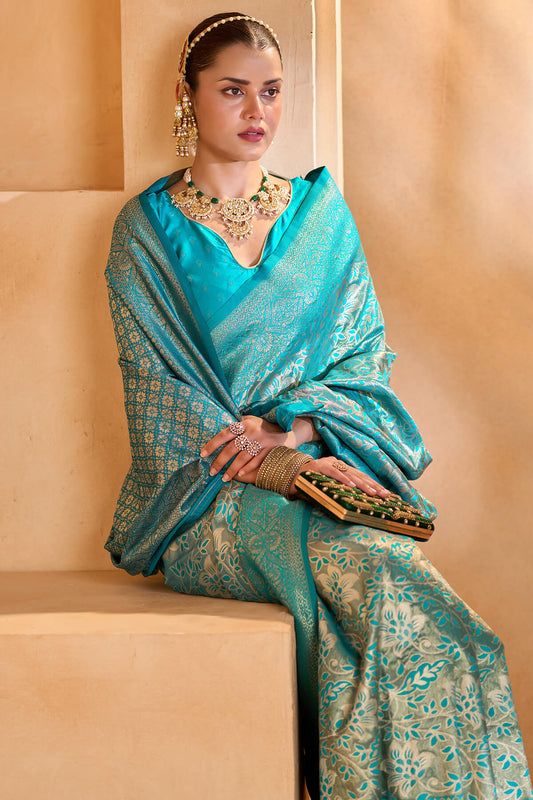 Allure Firozi Kanjivaram Silk Saree With Devastating Blouse Piece