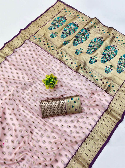 Smart Baby Pink Organza Paithani Silk Saree With Amiable Blouse Piece