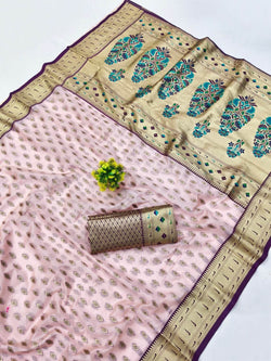 Smart Baby Pink Organza Paithani Silk Saree With Amiable Blouse Piece