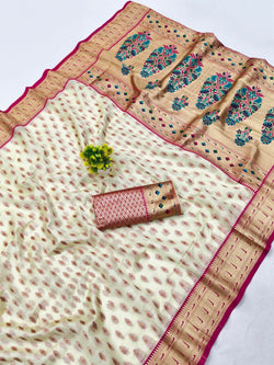 Sophisticated Beige Organza Paithani Silk Saree With Pulsating Blouse Piece