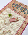 Sophisticated Beige Organza Paithani Silk Saree With Pulsating Blouse Piece