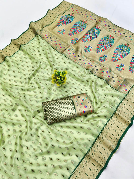 Eye-catching Pista Organza Paithani Silk Saree With Admirable Blouse Piece