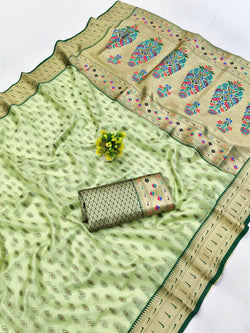Eye-catching Pista Organza Paithani Silk Saree With Admirable Blouse Piece