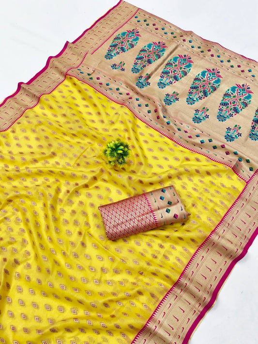 Inspiring Yellow Organza Paithani Silk Saree With Vivacious Blouse Piece