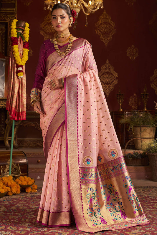 Breathtaking Baby Pink Organza Paithani Silk Saree With Enigmatic Blouse Piece