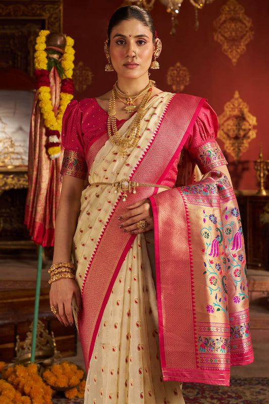 Dulcet Beige Organza Paithani Silk Saree With Splendorous Blouse Piece