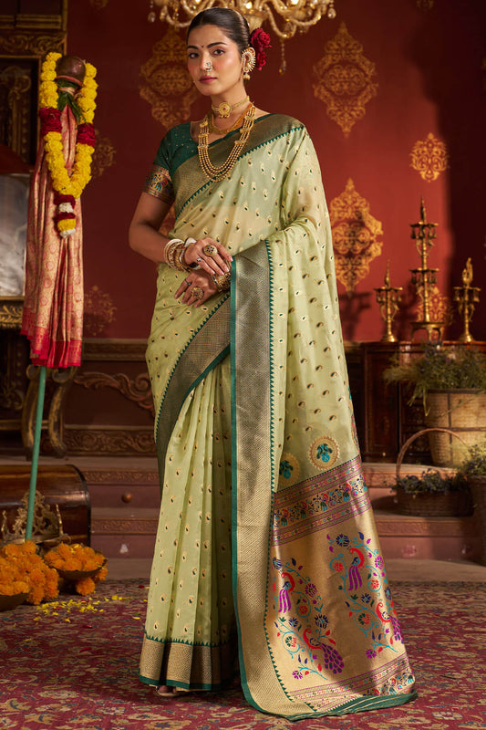Blooming Pista Organza Paithani Silk Saree With Panache Blouse Piece