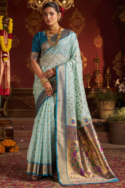 Incomparable Sky Organza Paithani Silk Saree With Artistic Blouse Piece