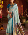 Incomparable Sky Organza Paithani Silk Saree With Artistic Blouse Piece