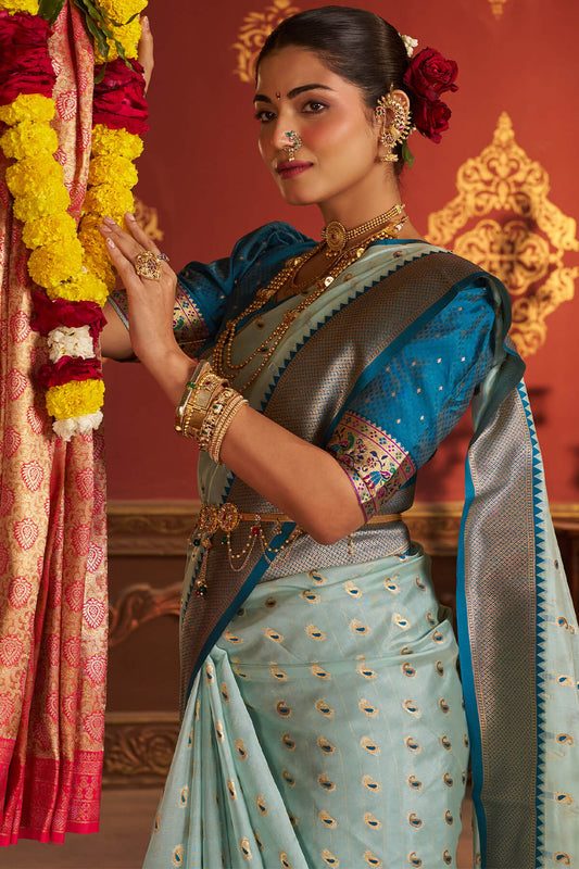 Incomparable Sky Organza Paithani Silk Saree With Artistic Blouse Piece