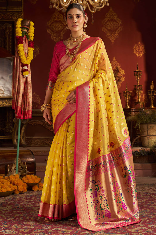 Exuberant Yellow Organza Paithani Silk Saree With Dazzling Blouse Piece