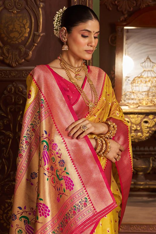 Exuberant Yellow Organza Paithani Silk Saree With Dazzling Blouse Piece