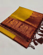 Gossamer Mustard Kanjivaram Silk Saree With Ailurophile Blouse Piece