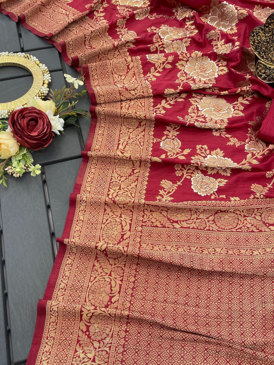 Gossamer Maroon Soft Banarasi Silk Saree With Jazzy Blouse Piece