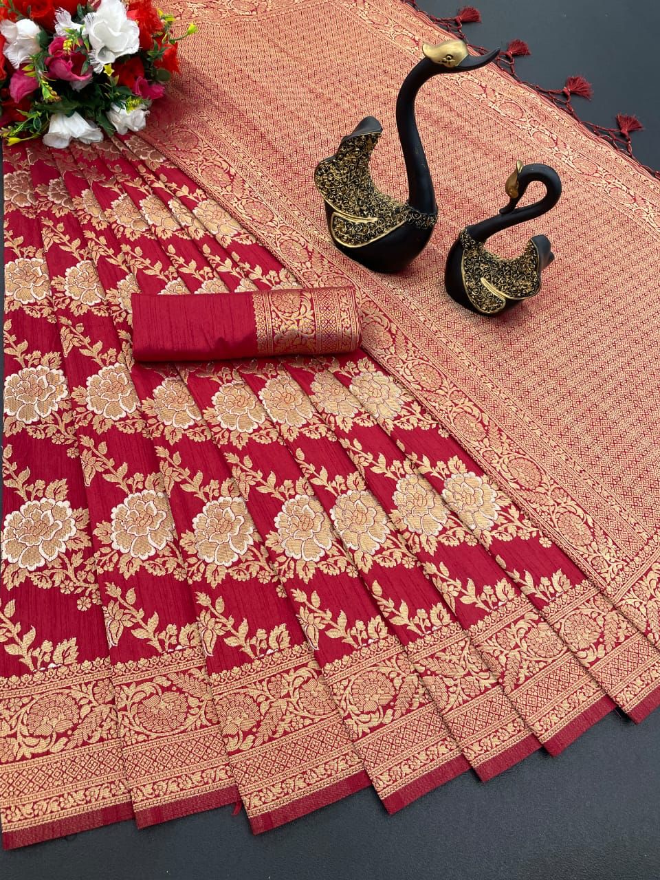 Gossamer Maroon Soft Banarasi Silk Saree With Jazzy Blouse Piece