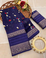 Amazing Navy Blue Digital Printed Dola Silk Saree With Arresting Blouse Piece