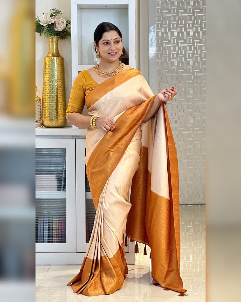 Alluring Beige Kanjivaram Silk Saree With Sonorous Blouse Piece