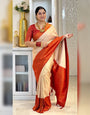 Ratatouille Beige Kanjivaram Silk Saree With Effervescent Blouse Piece