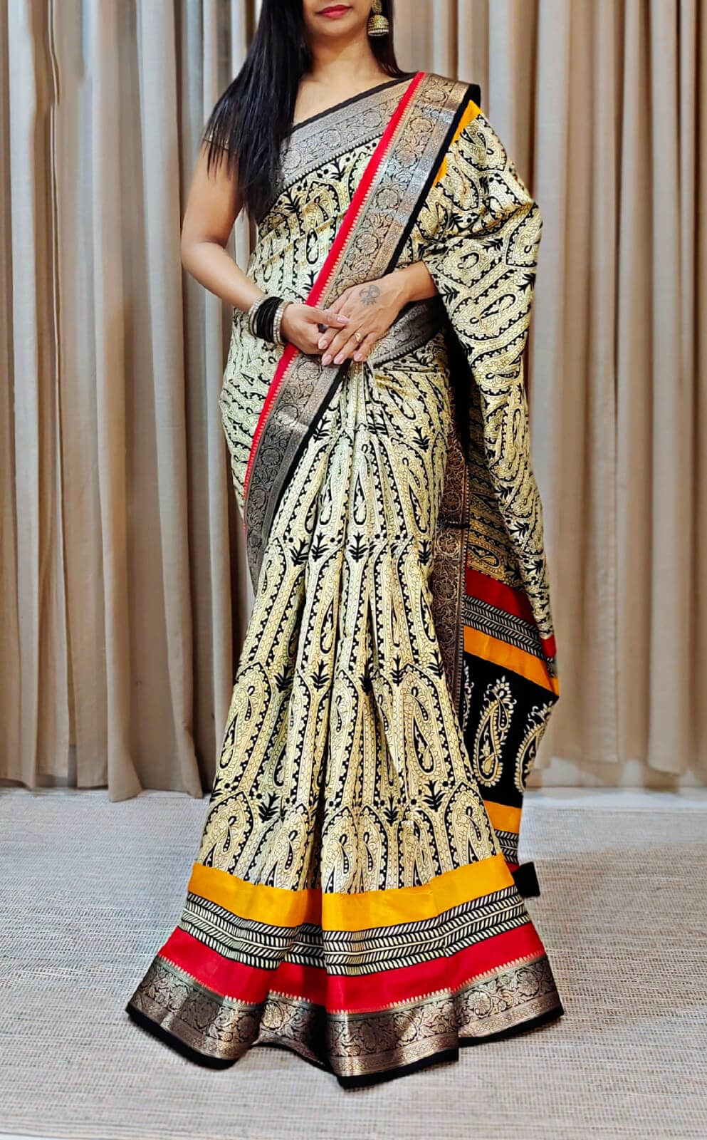 Delightful Beige Digital Printed Dola Silk Saree With Inspiring Blouse Piece