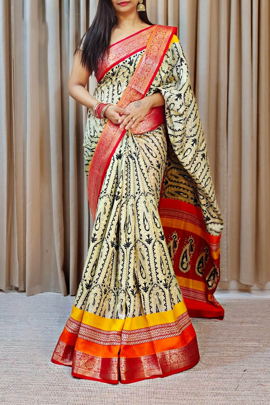 Delightful Beige Digital Printed Dola Silk Saree With Captivating Blouse Piece