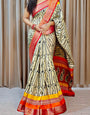 Delightful Beige Digital Printed Dola Silk Saree With Captivating Blouse Piece