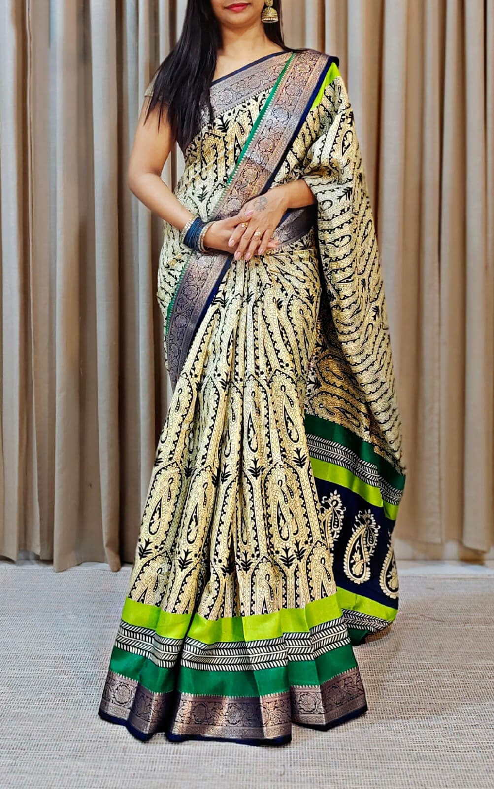 Dazzling Beige Digital Printed Dola Silk Saree With Amazing Blouse Piece