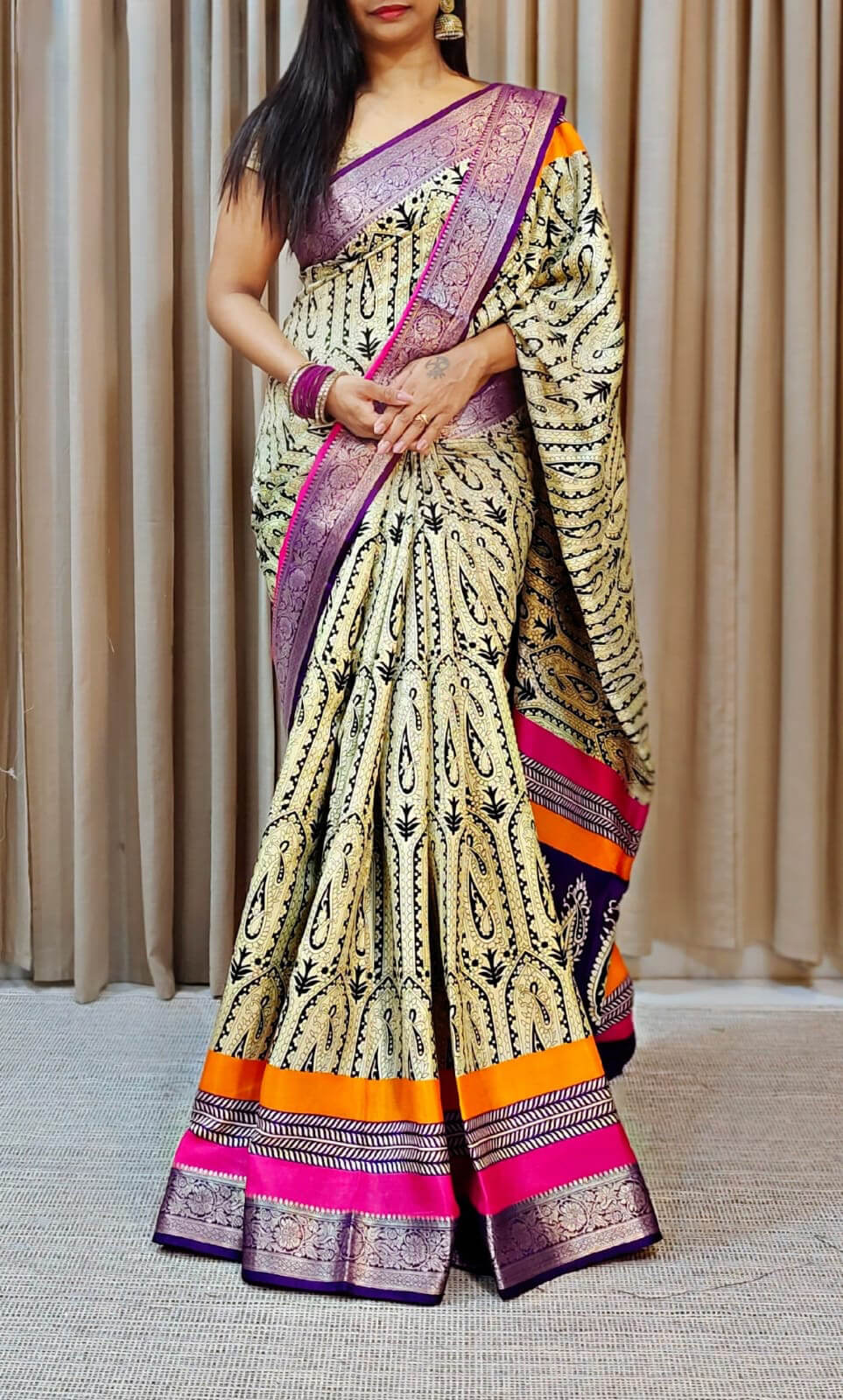 Radiant Beige Digital Printed Dola Silk Saree With Exuberant Blouse Piece