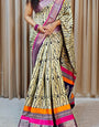 Radiant Beige Digital Printed Dola Silk Saree With Exuberant Blouse Piece