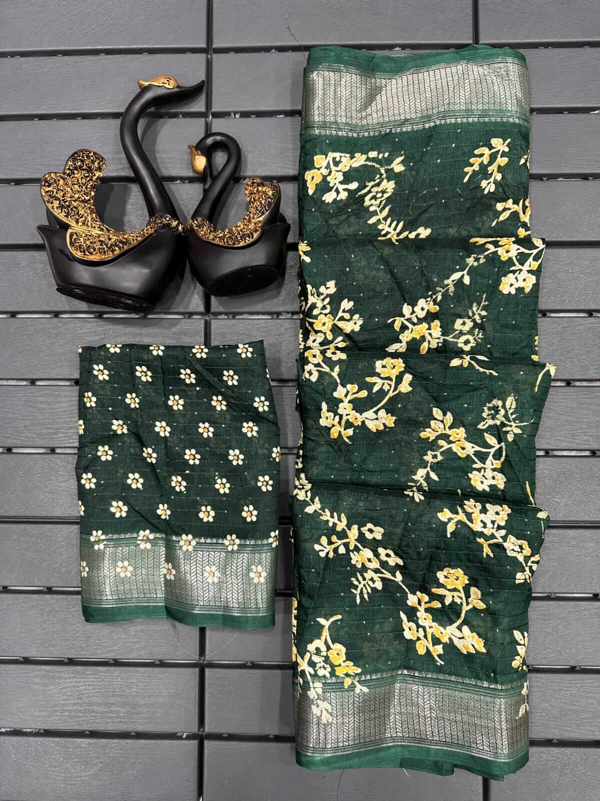 Beleaguer Dark Green Digital Printed Dola Silk Saree With Adoring Blouse Piece