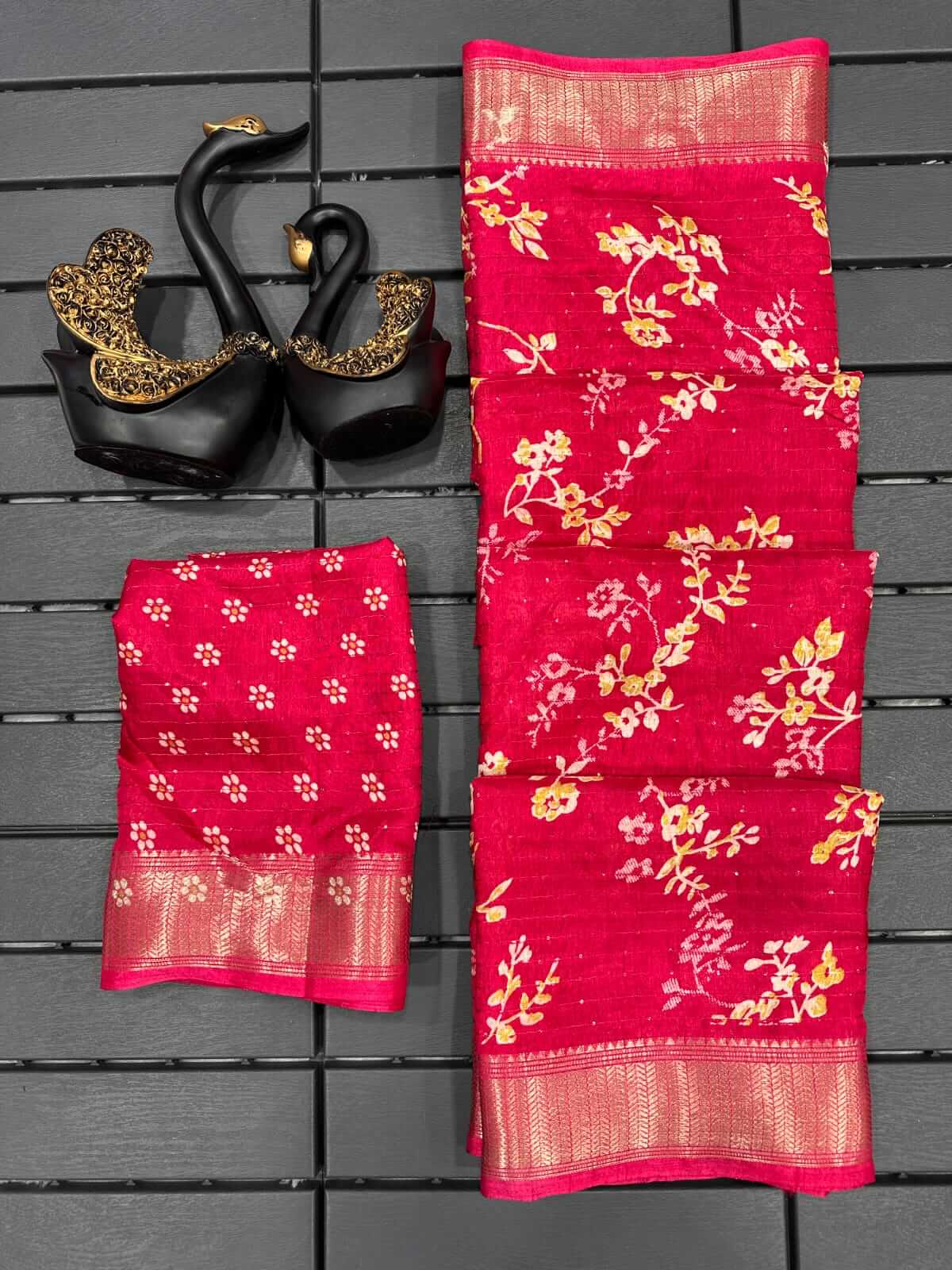 Ethnic Dark Pink Digital Printed Dola Silk Saree With Phenomenal Blouse Piece