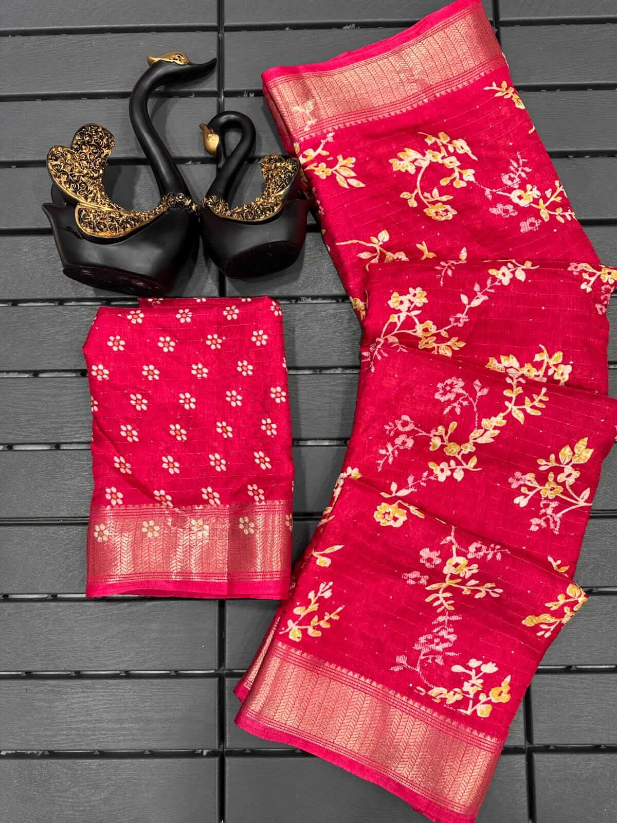 Ethnic Dark Pink Digital Printed Dola Silk Saree With Phenomenal Blouse Piece