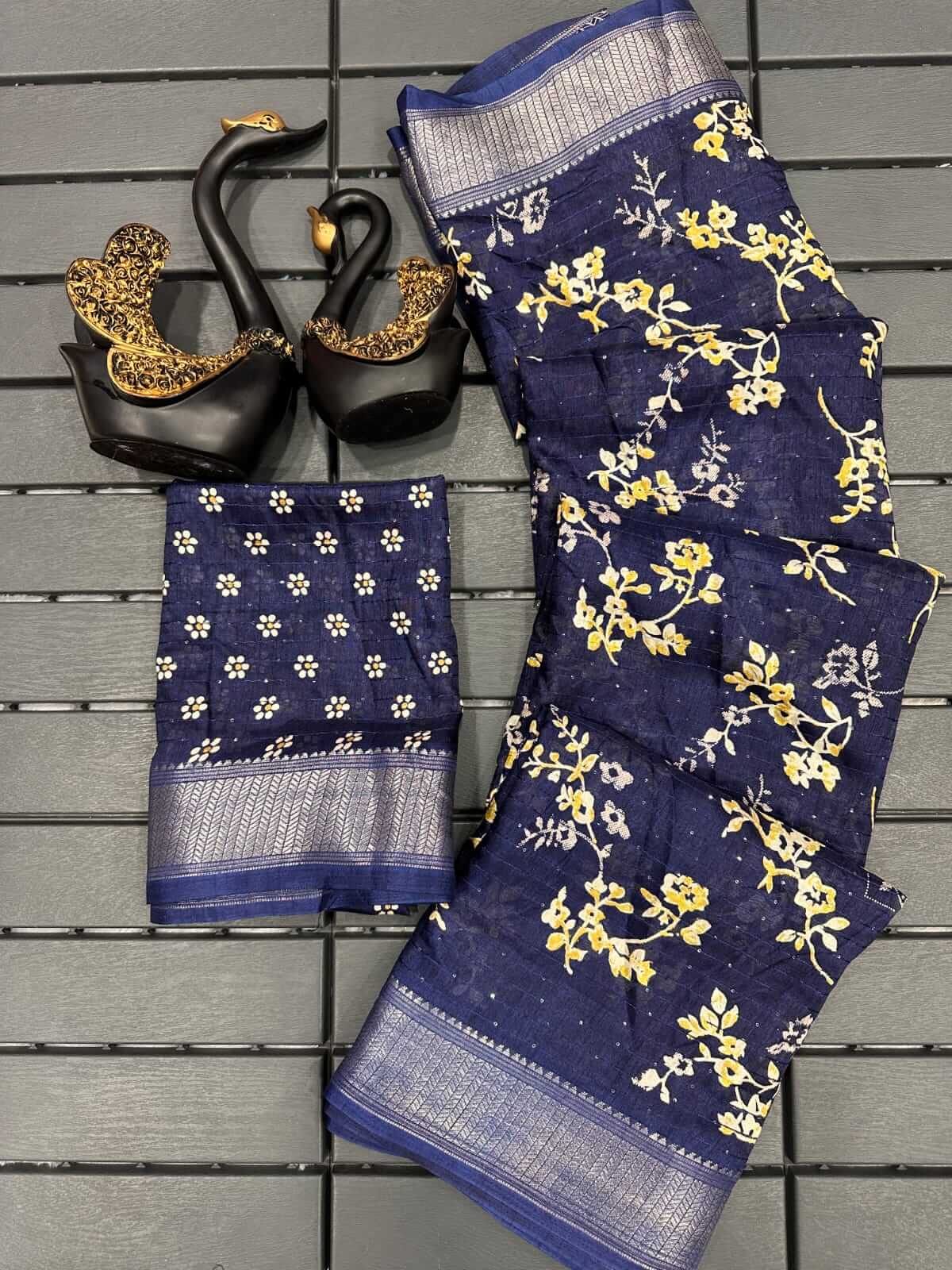 Surpassing Navy Blue Digital Printed Dola Silk Saree With Flamboyant Blouse Piece