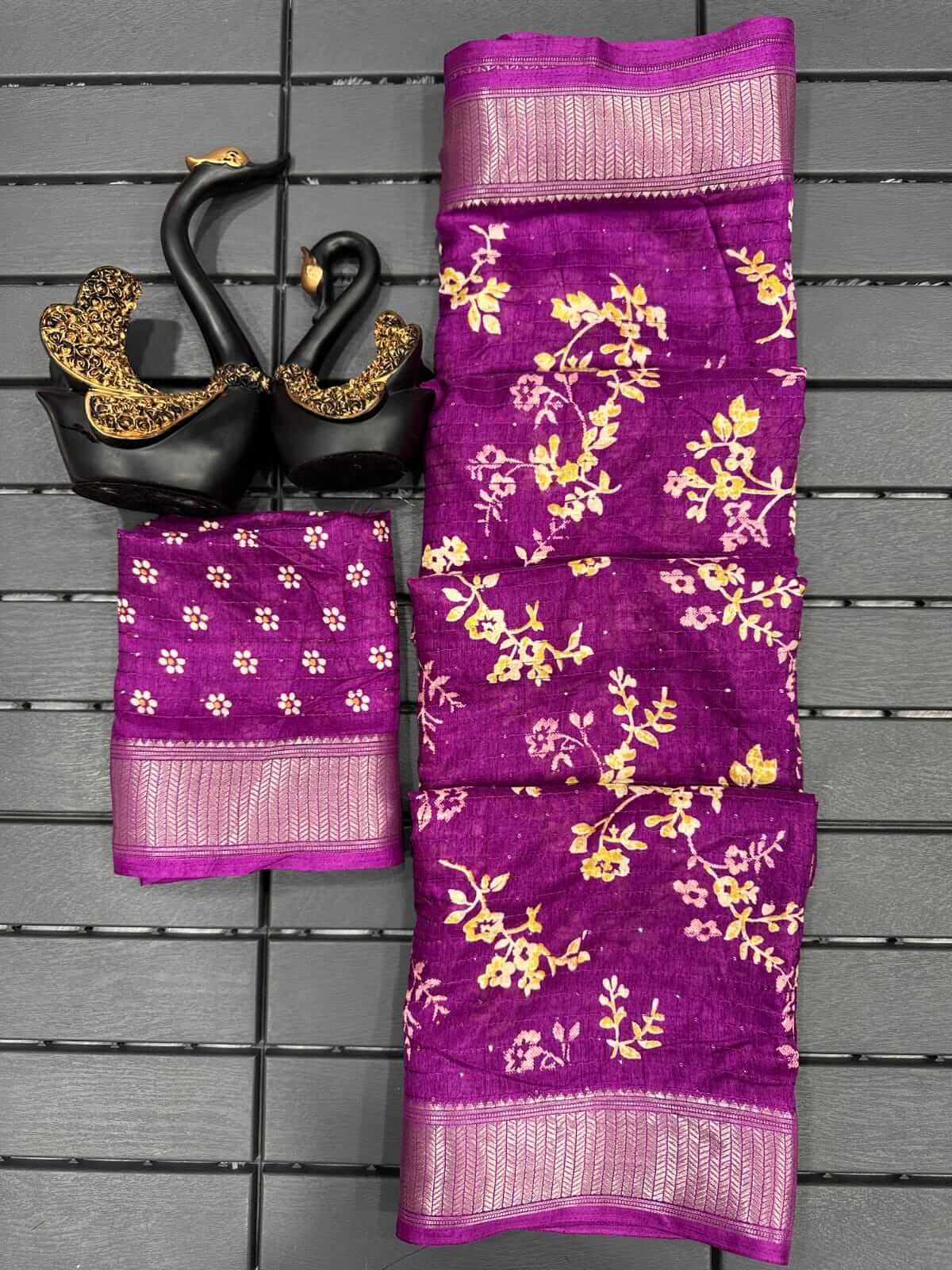 Stunner Purple Digital Printed Dola Silk Saree With Adoring Blouse Piece