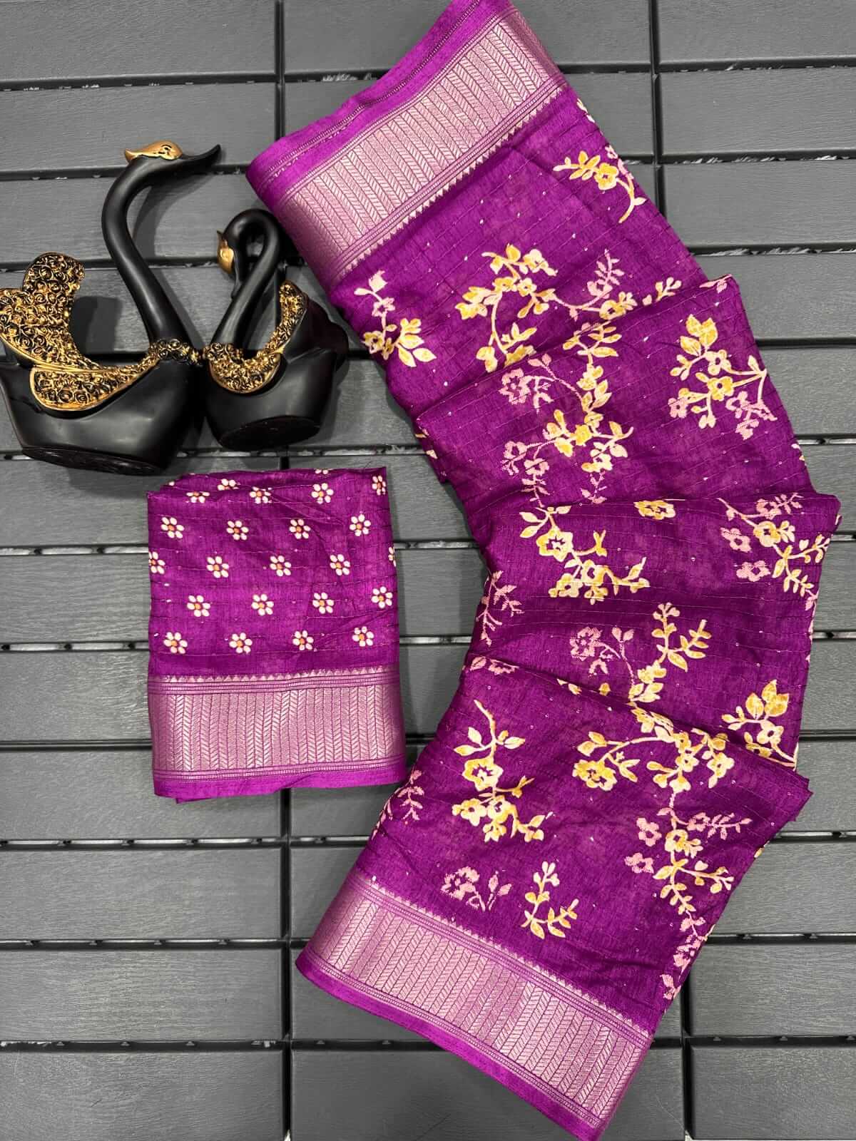 Stunner Purple Digital Printed Dola Silk Saree With Adoring Blouse Piece