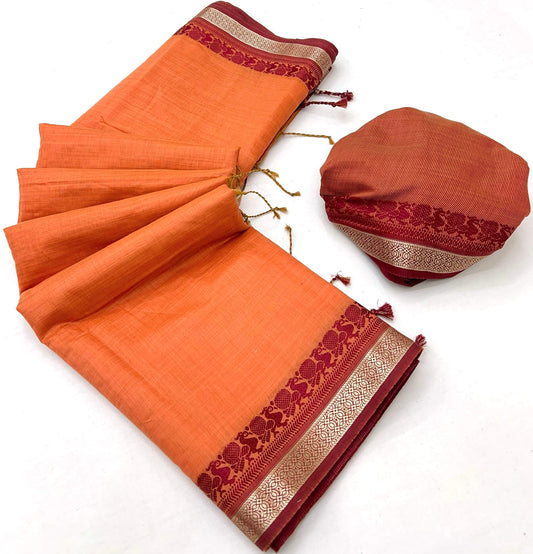Snazzy Orange Cotton Silk Saree With Verdant Blouse Piece