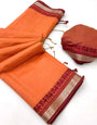 Snazzy Orange Cotton Silk Saree With Verdant Blouse Piece