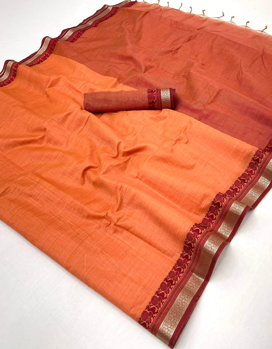 Snazzy Orange Cotton Silk Saree With Verdant Blouse Piece