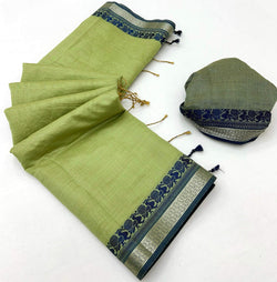 Elaborate Pista Cotton Silk Saree With Incredible Blouse Piece
