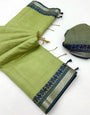 Elaborate Pista Cotton Silk Saree With Incredible Blouse Piece