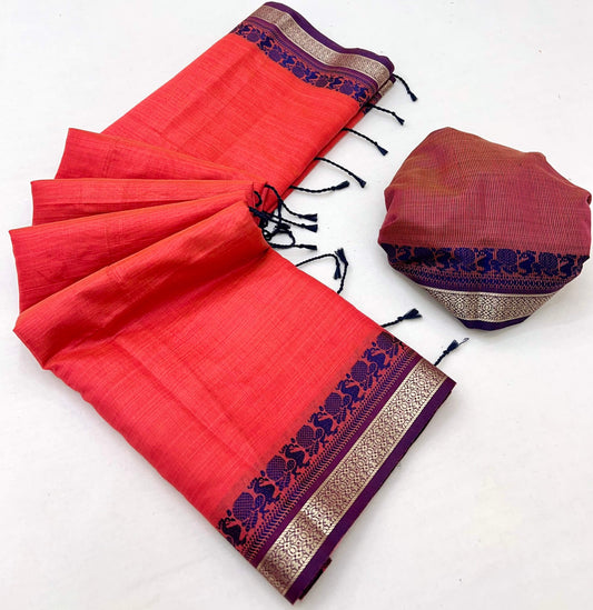 Lassitude Red Cotton Silk Saree With Susurrous Blouse Piece