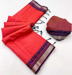 Lassitude Red Cotton Silk Saree With Susurrous Blouse Piece