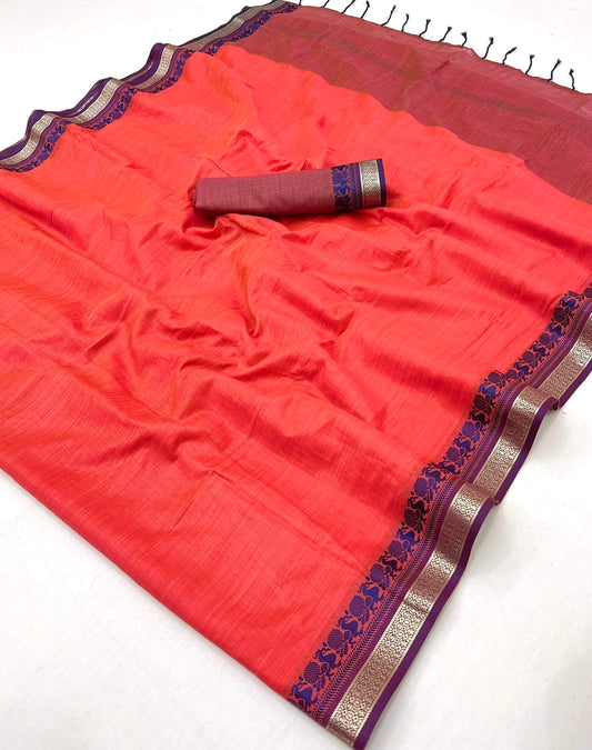 Lassitude Red Cotton Silk Saree With Susurrous Blouse Piece