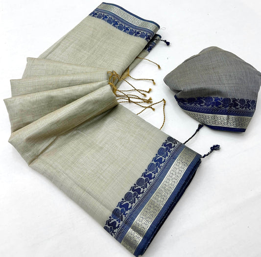 Breathtaking Grey Cotton Silk Saree With Extraordinary Blouse Piece