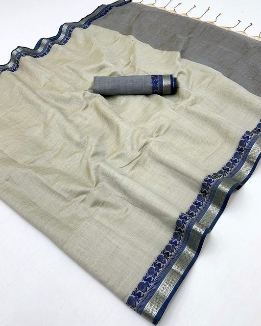 Breathtaking Grey Cotton Silk Saree With Extraordinary Blouse Piece