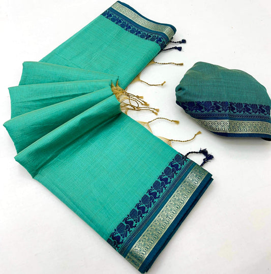 Allure Turquoise Cotton Silk Saree With Assemblage Blouse Piece