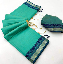Allure Turquoise Cotton Silk Saree With Assemblage Blouse Piece